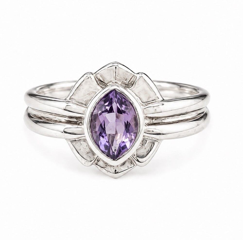925 Sterling Silver Marquise Cut Art Deco Purple Amethyst Ring Size 8